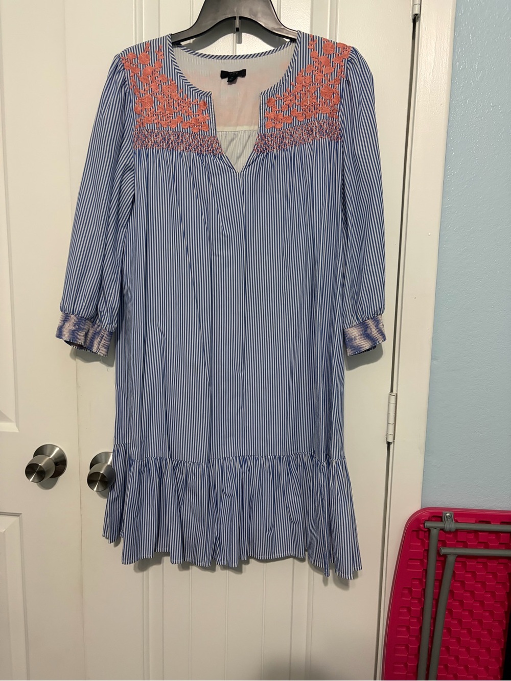 J. Crew Blue and Coral Striped Mini Dress with Embroidered Yoke